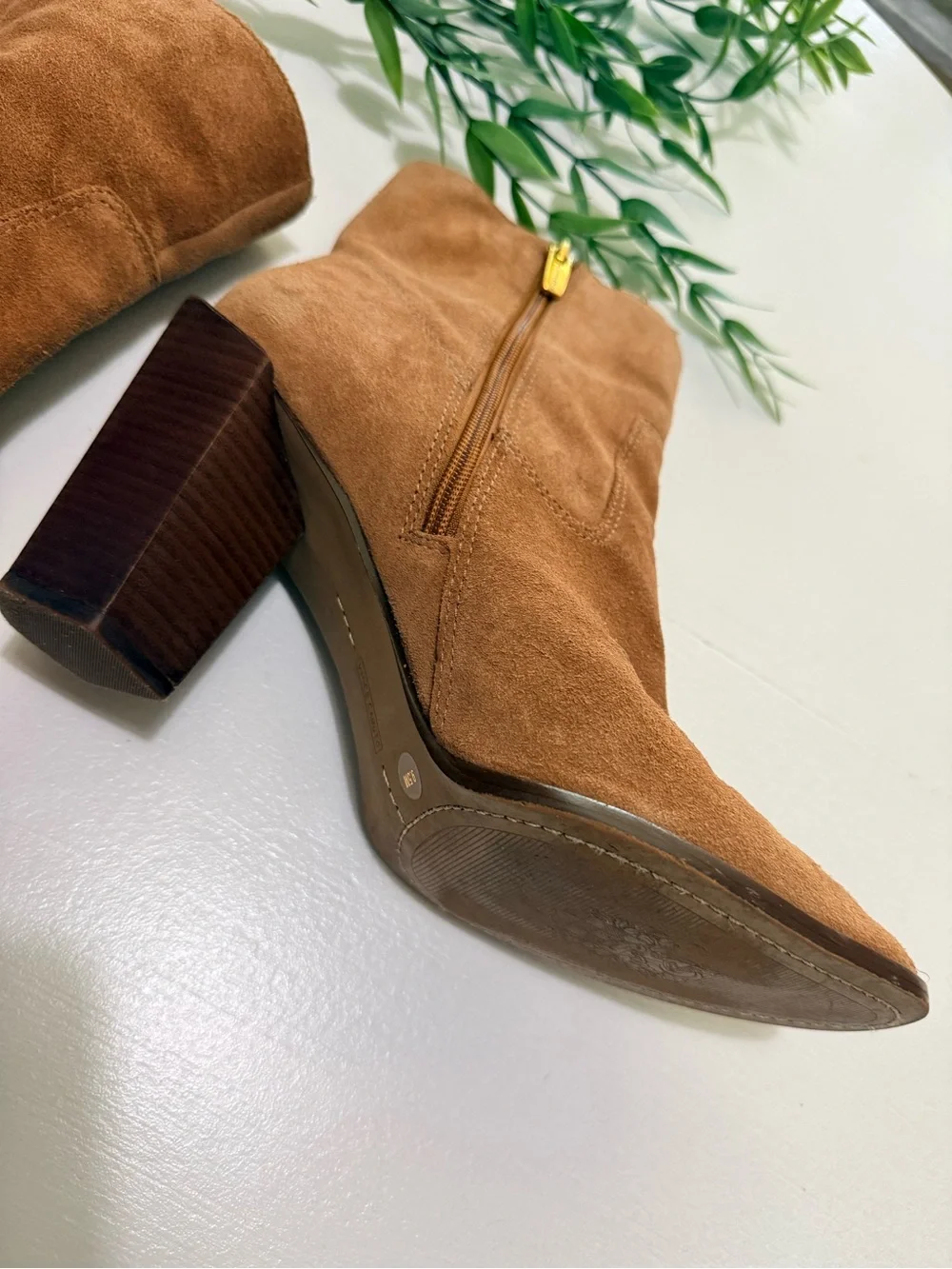 Vince Camuto Leather Tan Ankle Booties with Unique Stacked Heel 9. 5EZRANA